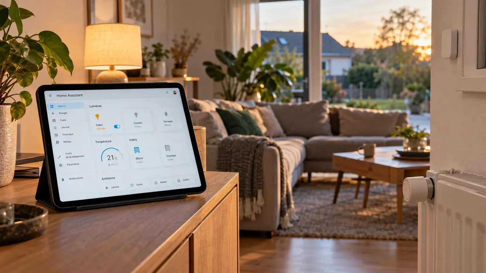 Une tablette affichant Home Assistant posée dans un salon au coucher du soleil