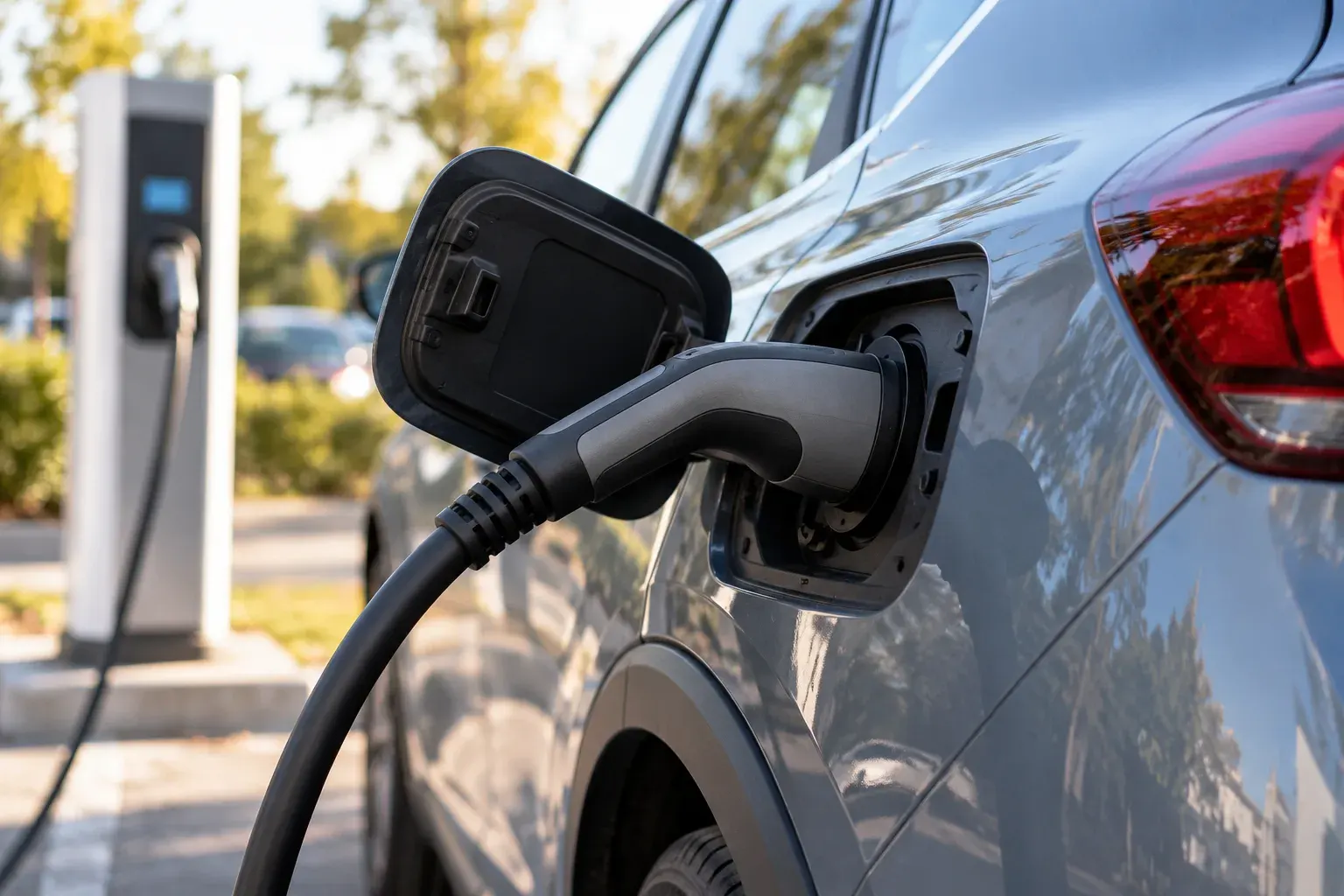 Une voiture électrique grise branchée à une borne de recharge